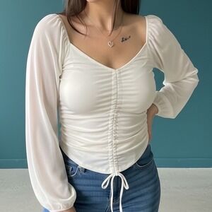 Emory Park Cream Ruched Mesh Long Sleeve Blouse Small Off White Boho Fairy